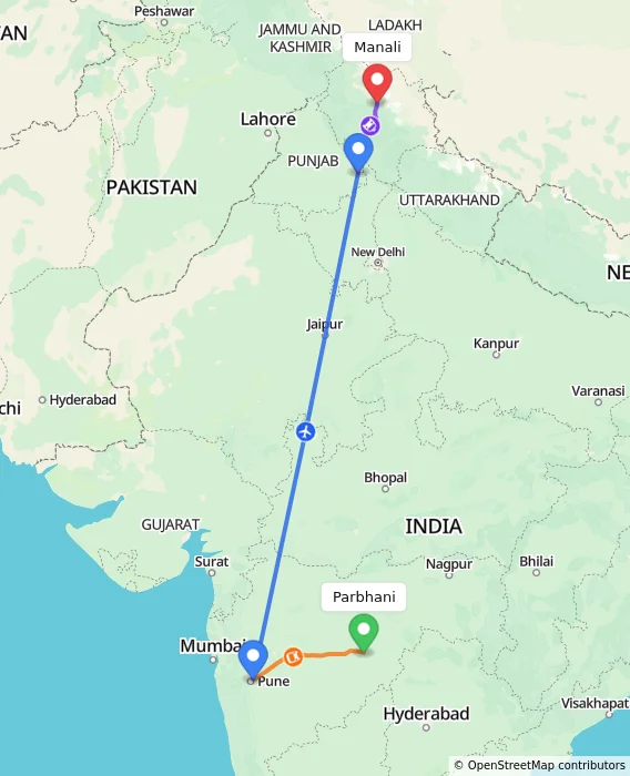Route map showing distance and travel time from Parbhani, India to Manali, India