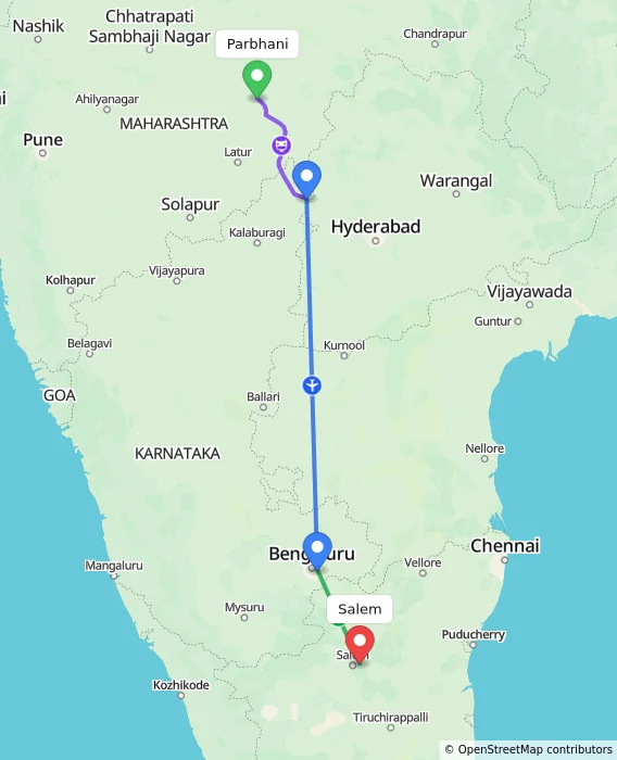 Route map showing distance and travel time from Parbhani, India to Salem, India