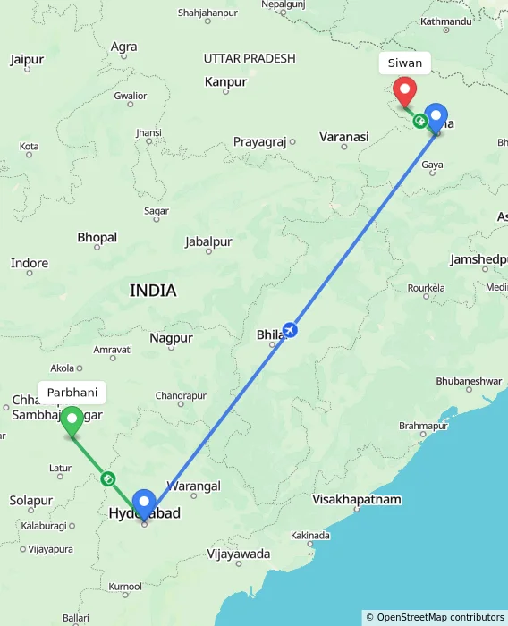 Route map showing distance and travel time from Parbhani, India to Siwan, India