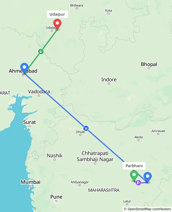 Route map showing distance and travel time from Parbhani, India to Udaipur, India