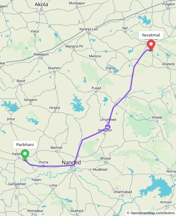 Route map showing distance and travel time from Parbhani, India to Yavatmal, India