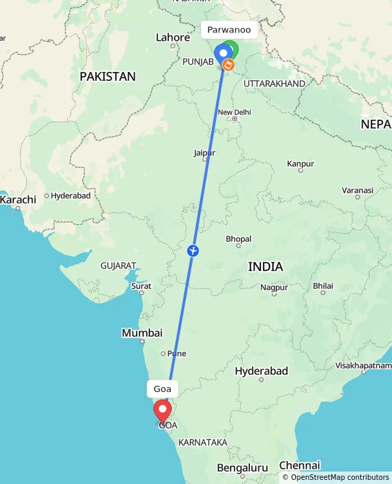 Route map showing distance and travel time from Parwanoo, India to Goa, India