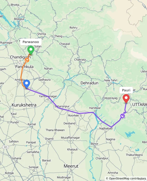 Route map showing distance and travel time from Parwanoo, India to Pauri, India