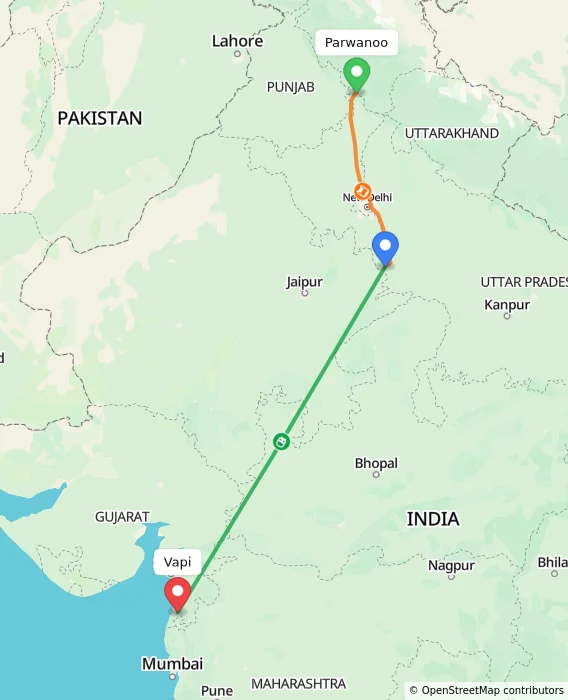 Route map showing distance and travel time from Parwanoo, India to Vapi, India