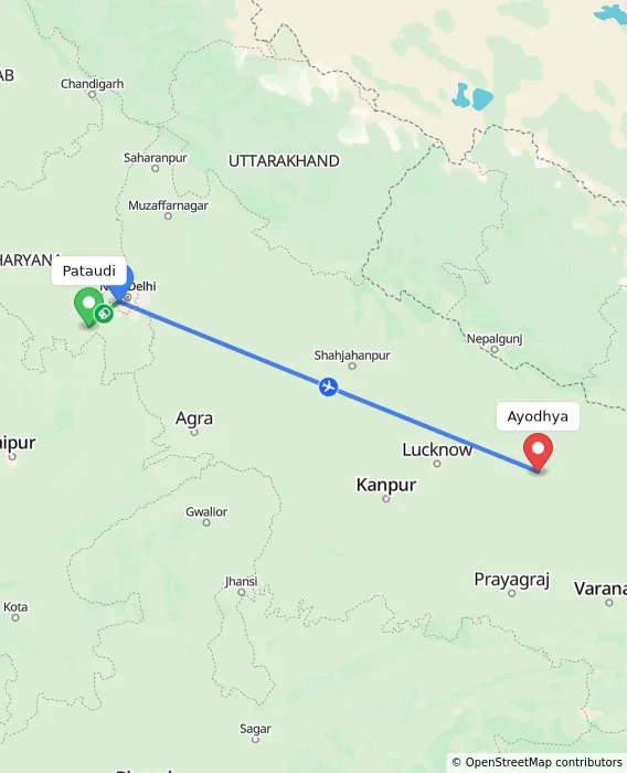 Route map showing distance and travel time from Pataudi, India to Ayodhya, India