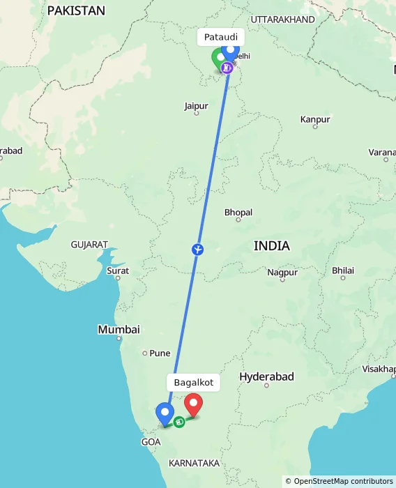 Route map showing distance and travel time from Pataudi, India to Bagalkot, India