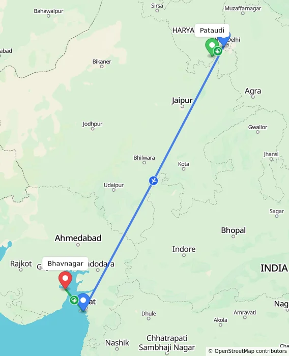 Route map showing distance and travel time from Pataudi, India to Bhavnagar, India