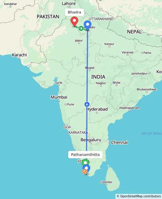 Route map showing distance and travel time from Pathanamthitta, India to Bhadra, India