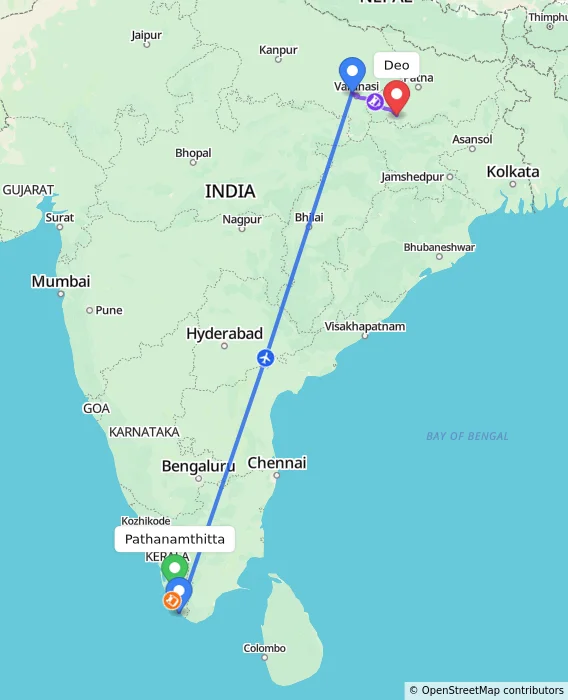 Route map showing distance and travel time from Pathanamthitta, India to Deo, India