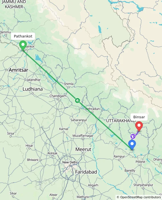 Route map showing distance and travel time from Pathankot, India to Binsar, India
