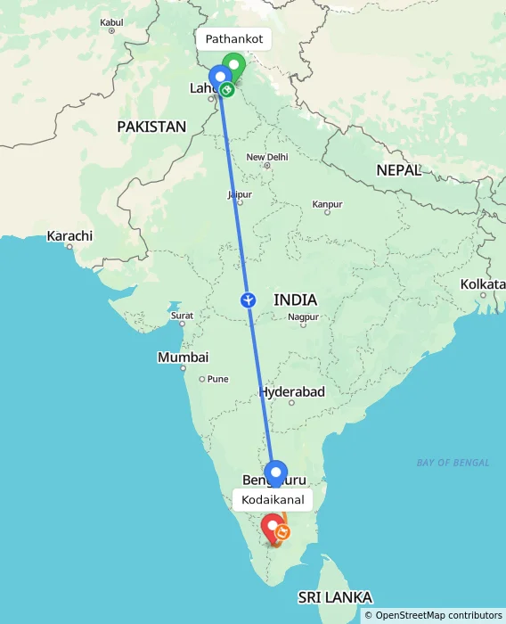 Route map showing distance and travel time from Pathankot, India to Kodaikanal, India