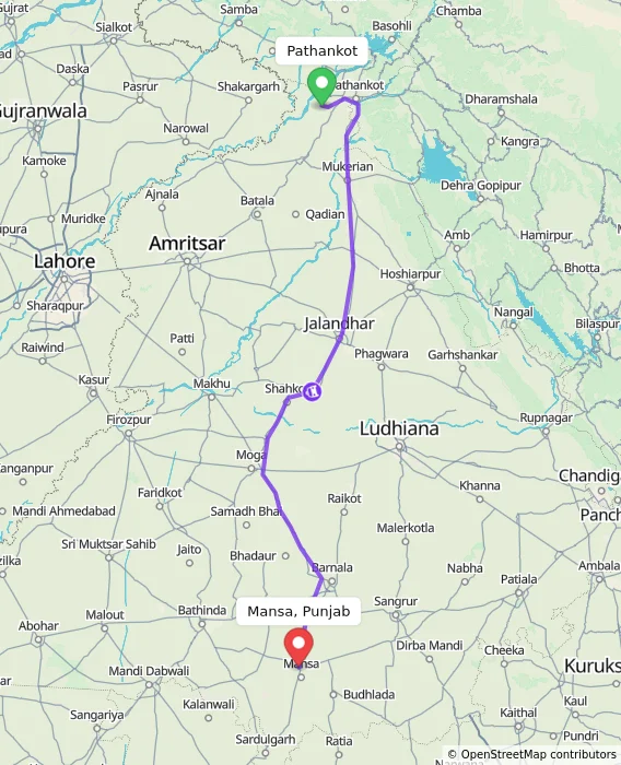 Route map showing distance and travel time from Pathankot, India to Mansa, Punjab, India
