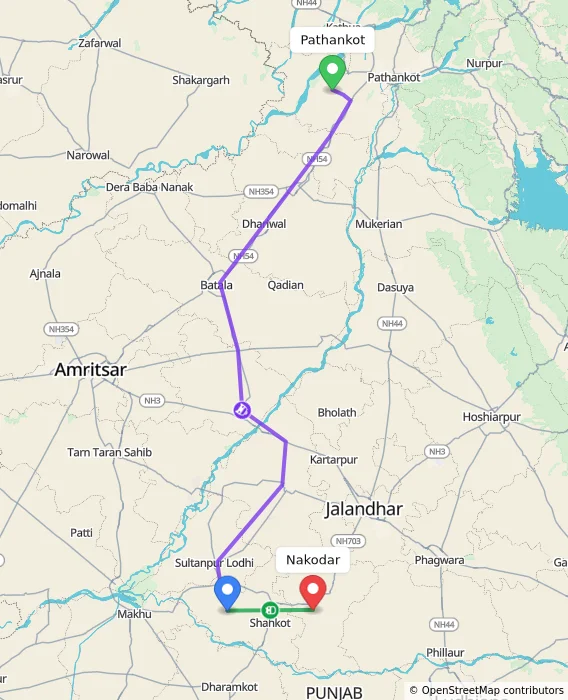 Route map showing distance and travel time from Pathankot, India to Nakodar, India