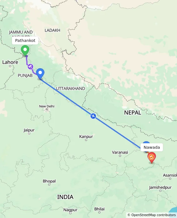 Route map showing distance and travel time from Pathankot, India to Nawada, India