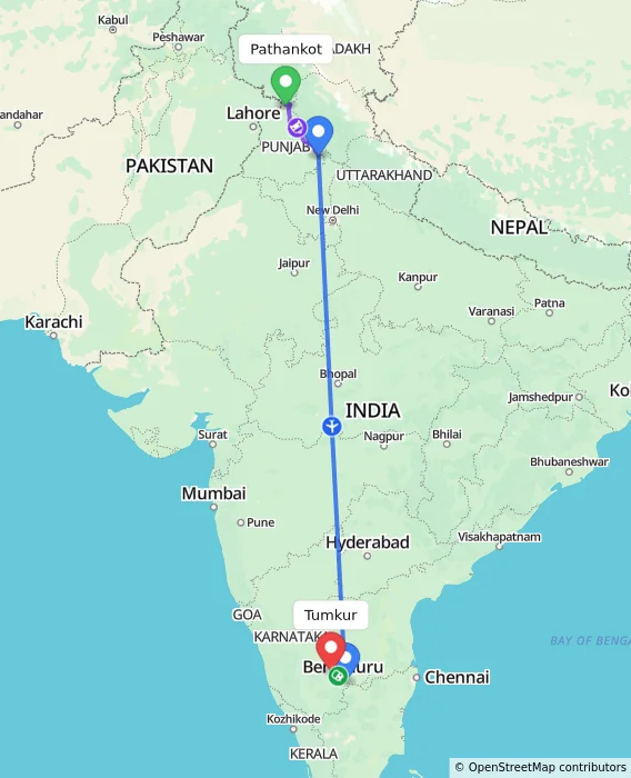 Route map showing distance and travel time from Pathankot, India to Tumkur, India