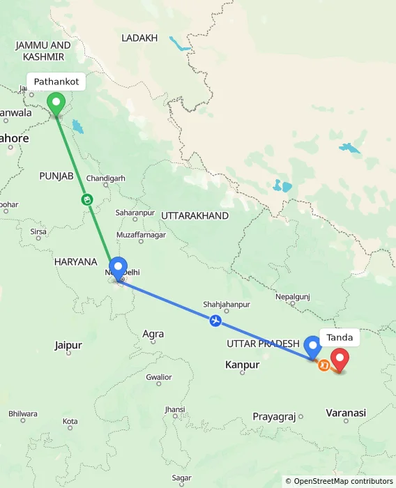 Route map showing distance and travel time from Pathankot, India to Tanda, India