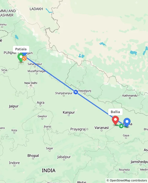 Route map showing distance and travel time from Patiala, India to Ballia, India