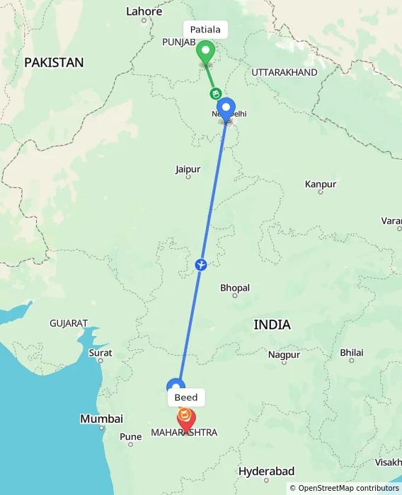Route map showing distance and travel time from Patiala, India to Beed, India