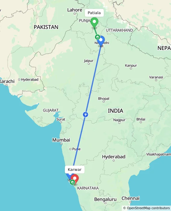 Route map showing distance and travel time from Patiala, India to Karwar, India
