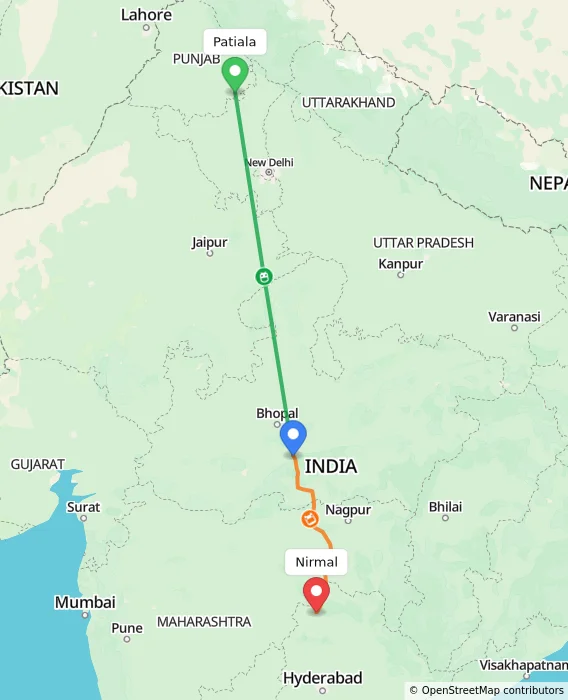 Route map showing distance and travel time from Patiala, India to Nirmal, India