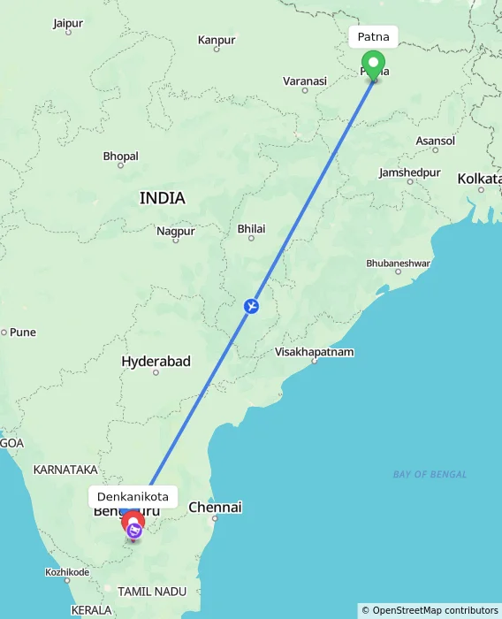 Route map showing distance and travel time from Patna, India to Denkanikota, India