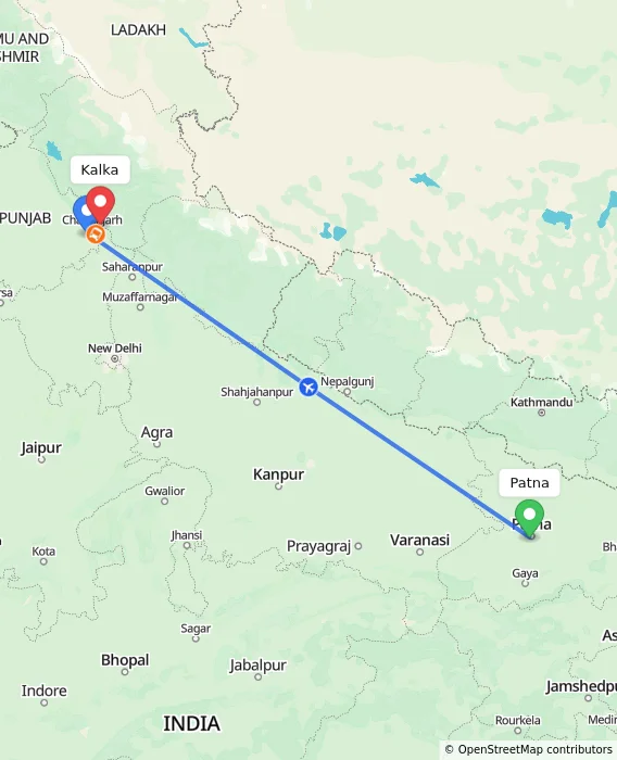 Route map showing distance and travel time from Patna, India to Kalka, India