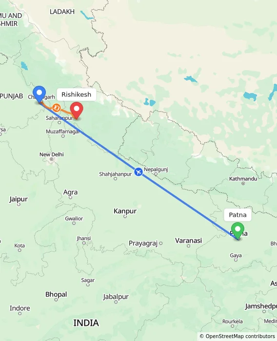 Route map showing distance and travel time from Patna, India to Rishikesh, India