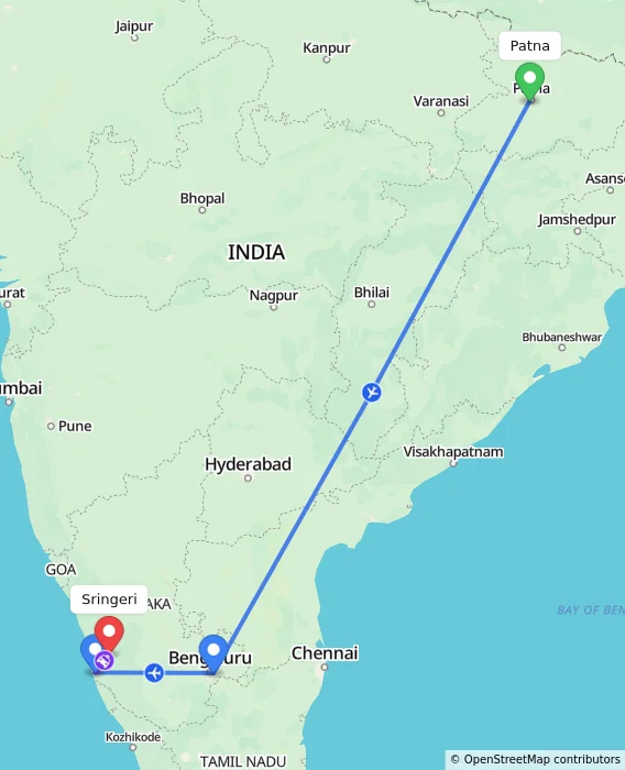 Route map showing distance and travel time from Patna, India to Sringeri, India