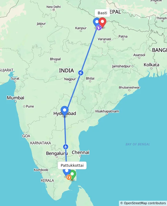 Route map showing distance and travel time from Pattukkottai, India to Basti, India