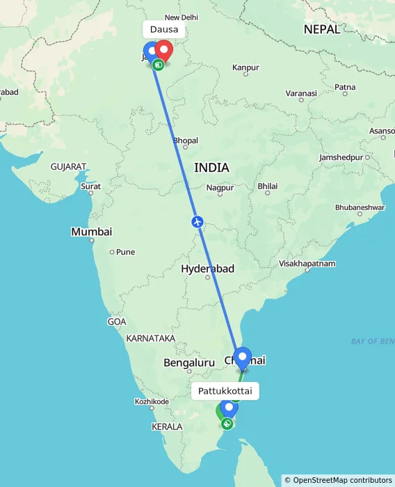 Route map showing distance and travel time from Pattukkottai, India to Dausa, India
