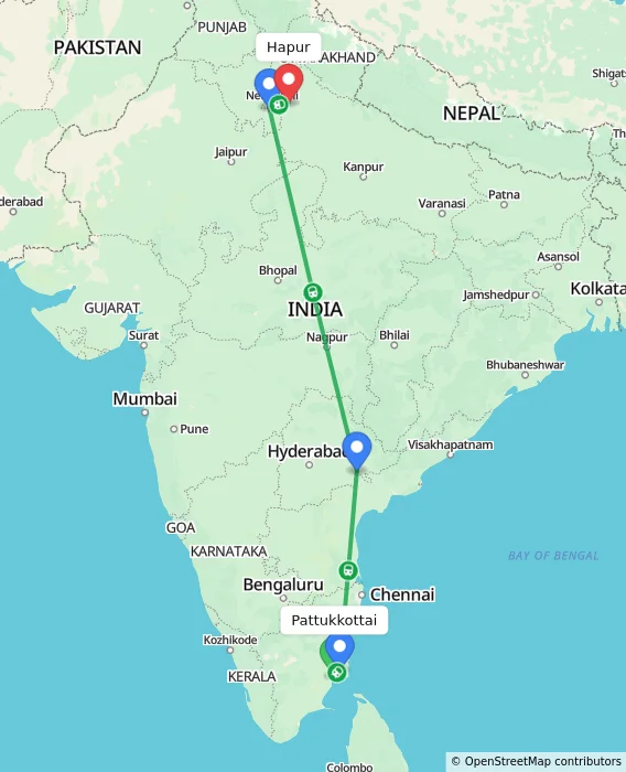 Route map showing distance and travel time from Pattukkottai, India to Hapur, India