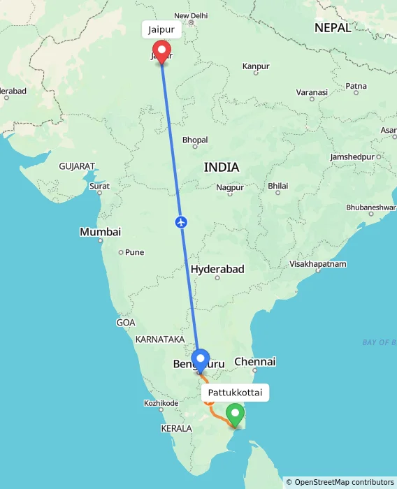 Route map showing distance and travel time from Pattukkottai, India to Jaipur, India
