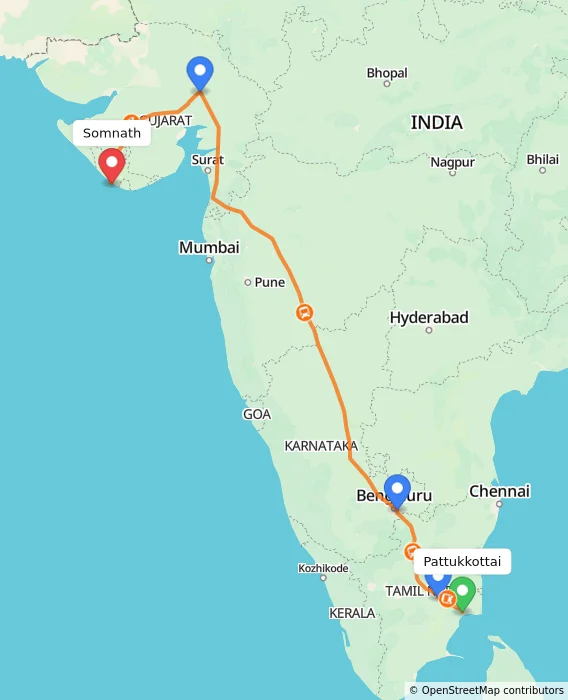 Route map showing distance and travel time from Pattukkottai, India to Somnath, India