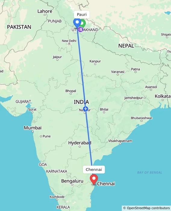 Route map showing distance and travel time from Pauri, India to Chennai, India