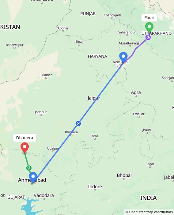 Route map showing distance and travel time from Pauri, India to Dhanera, India