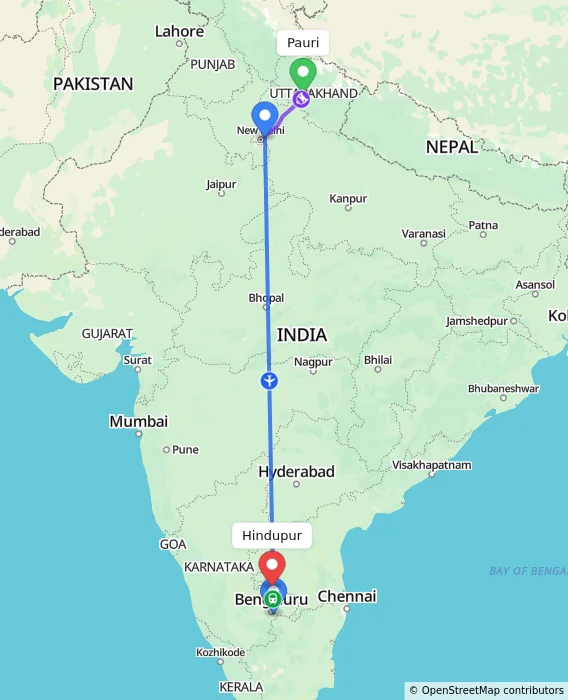 Route map showing distance and travel time from Pauri, India to Hindupur, India