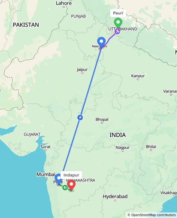 Route map showing distance and travel time from Pauri, India to Indapur, India