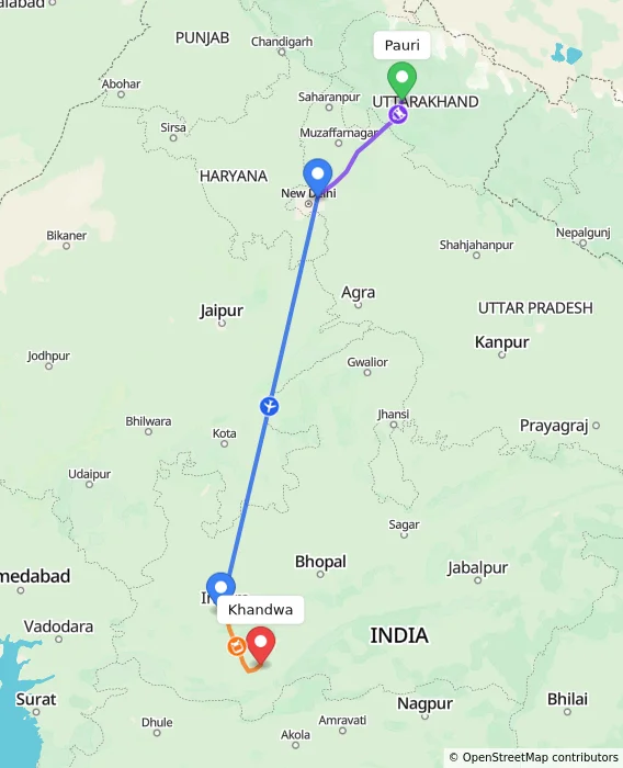 Route map showing distance and travel time from Pauri, India to Khandwa, India