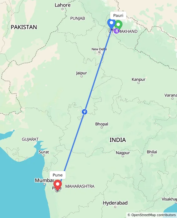 Route map showing distance and travel time from Pauri, India to Pune, India