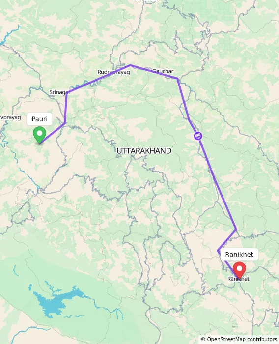 Route map showing distance and travel time from Pauri, India to Ranikhet, India