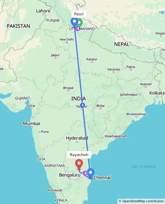 Route map showing distance and travel time from Pauri, India to Rayachoti, India