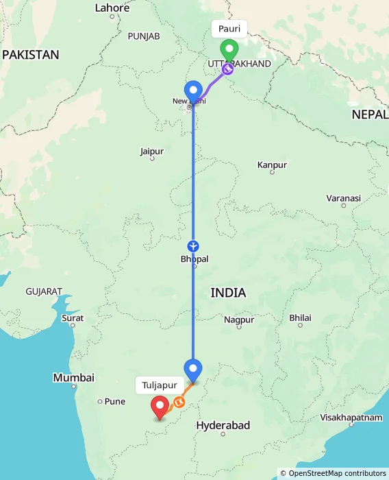 Route map showing distance and travel time from Pauri, India to Tuljapur, India