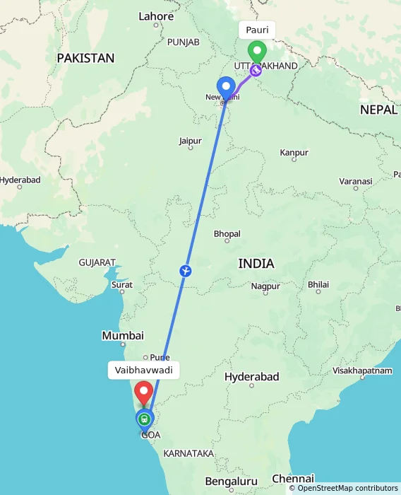 Route map showing distance and travel time from Pauri, India to Vaibhavwadi, India
