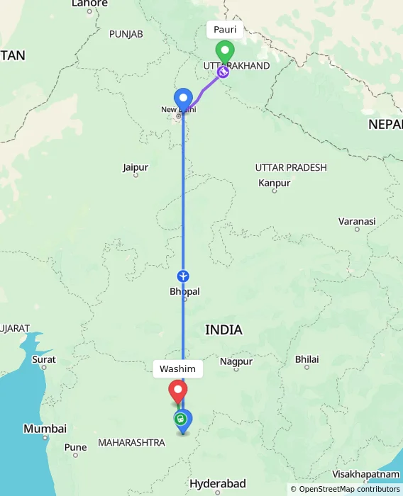Route map showing distance and travel time from Pauri, India to Washim, India
