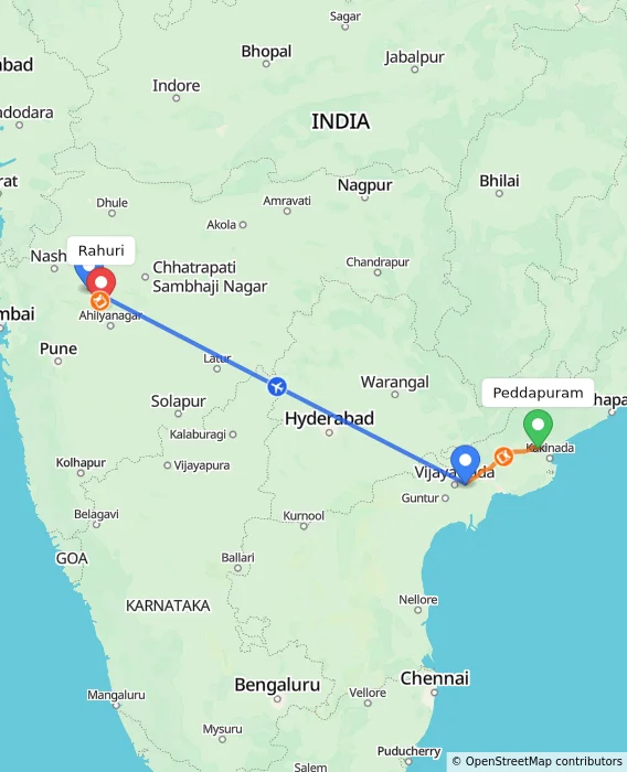 Route map showing distance and travel time from Peddapuram, India to Rahuri, India