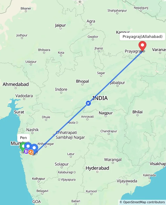 Route map showing distance and travel time from Pen, India to Allahabad, India