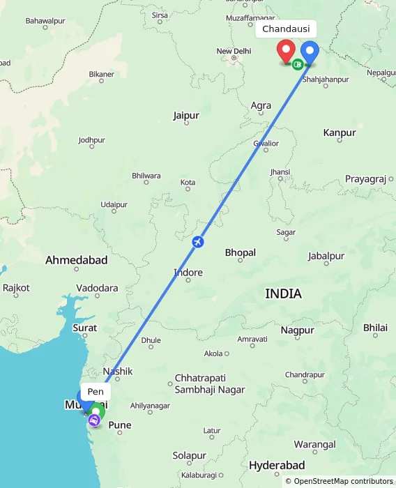 Route map showing distance and travel time from Pen, India to Chandausi, India