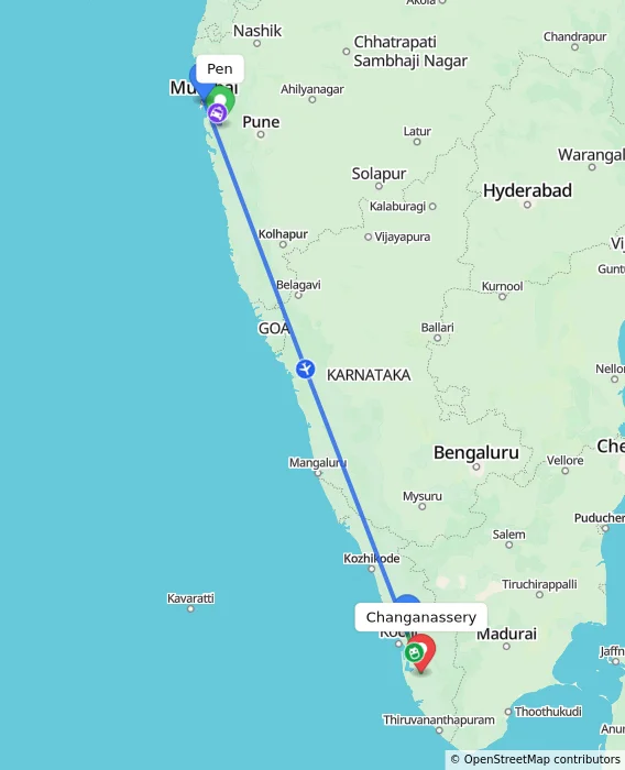 Route map showing distance and travel time from Pen, India to Changanassery, India