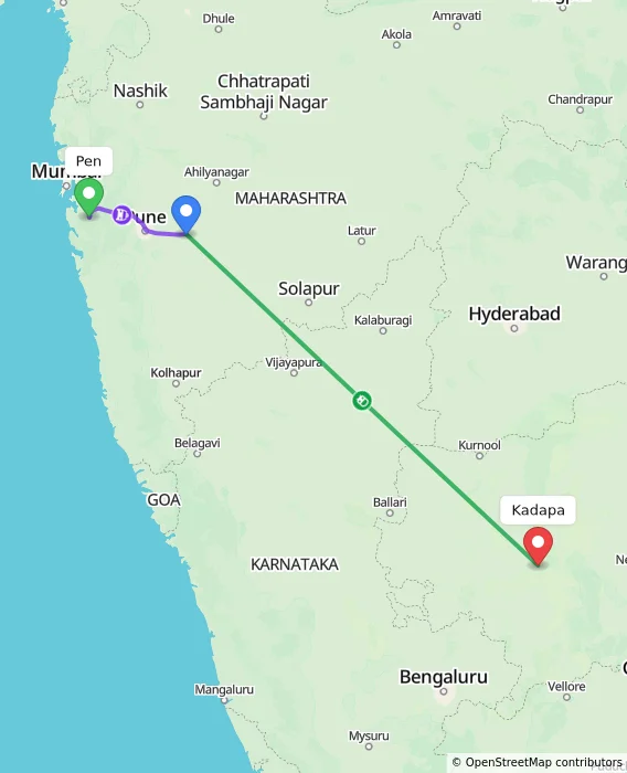 Route map showing distance and travel time from Pen, India to Kadapa, India
