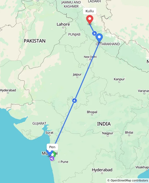 Route map showing distance and travel time from Pen, India to Kullu, India